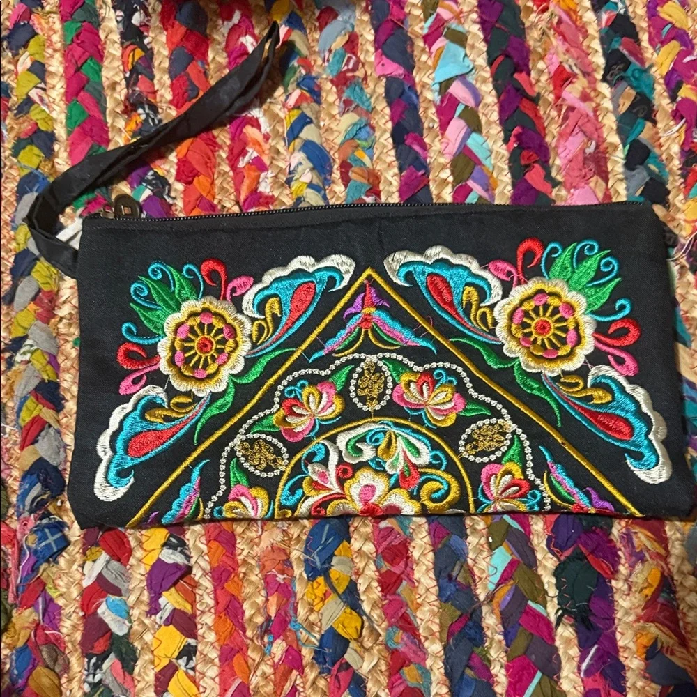 Hand embroidered wristlet